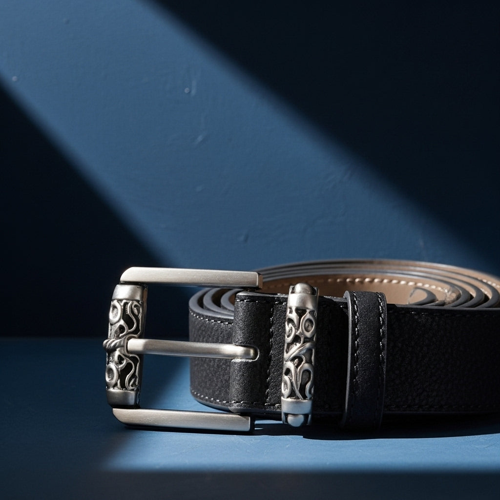 Ceinture femme "Enchanteresse" en cuir noir grainé avec boucle rectangulaire argentée ornée de motifs vintage. #fullwidth