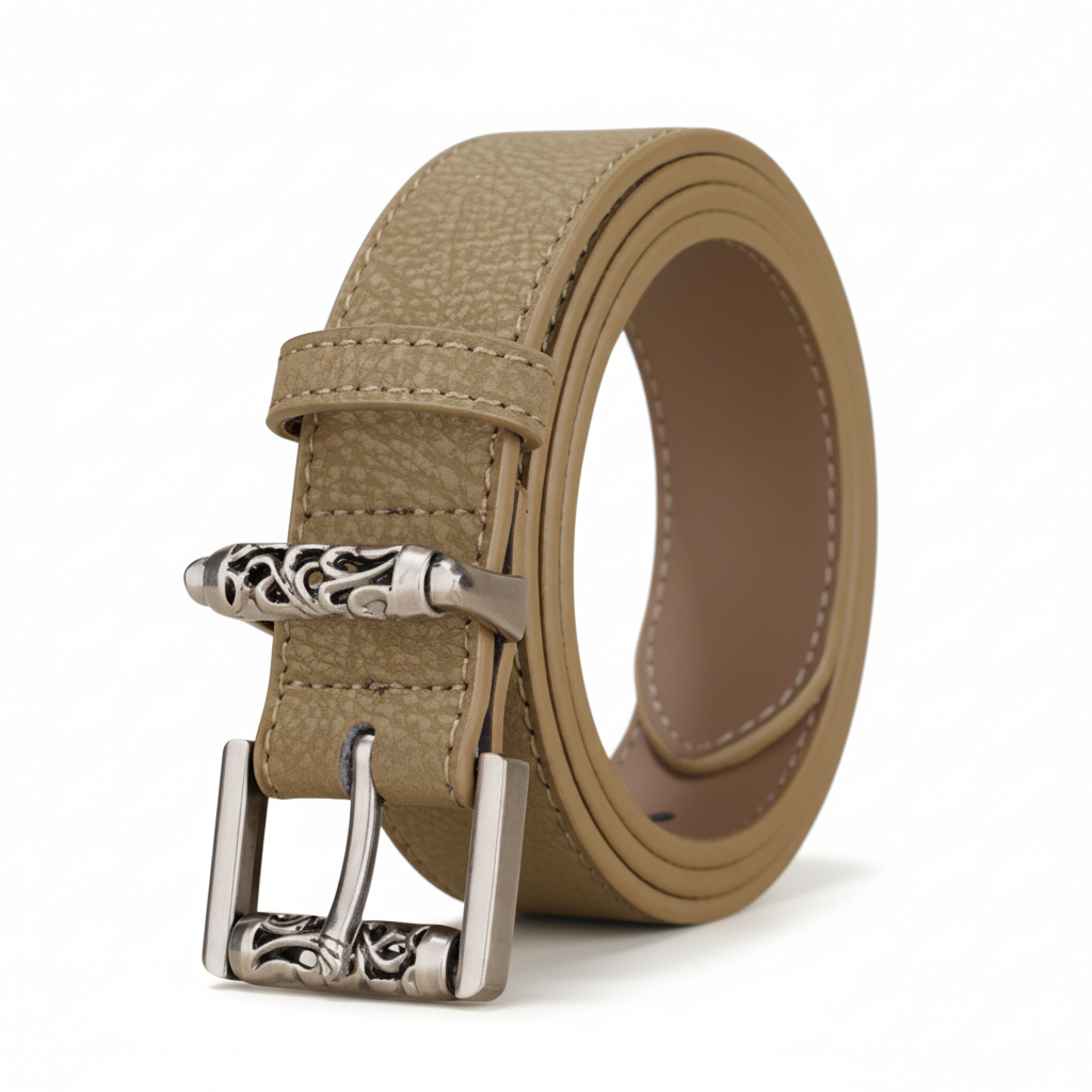 Ceinture femme Enchanteresse beige en cuir de vachette refendu avec boucle rectangulaire argentée ornementée style rétro
