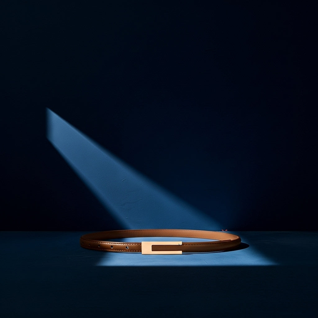 Ceinture fine Énora en cuir marron avec une boucle rectangulaire dorée, sur fond bleu avec un rayon de lumière #fullwidth