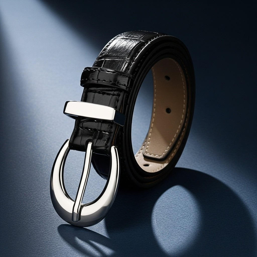 Ceinture fine Épine en cuir refendu noir effet crocodile brillant avec boucle ardillon argentée #fullwidth