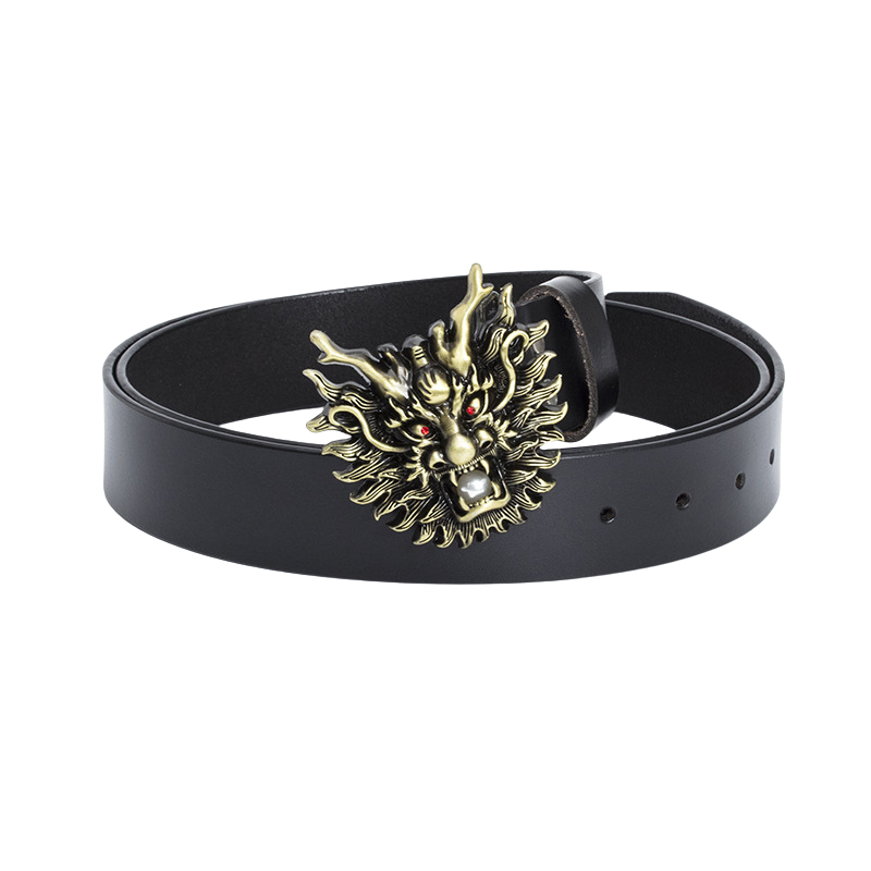 Ceinture Épine Noire 1 pour homme en cuir noir avec une boucle dorée en forme de tête de dragon 3D aux yeux rouges.