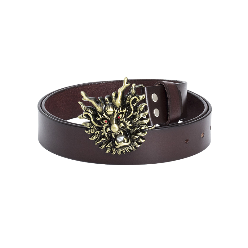 Ceinture Épine Noire 1 pour homme en cuir marron avec une boucle dragon dorée aux yeux rouges.