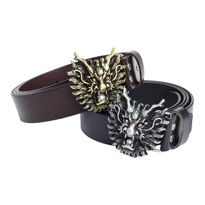 Ceinture pour homme Épine Noire 1 avec boucle dragon dorée et boucle dragon argentée sur fond noir et cuir marron et noir