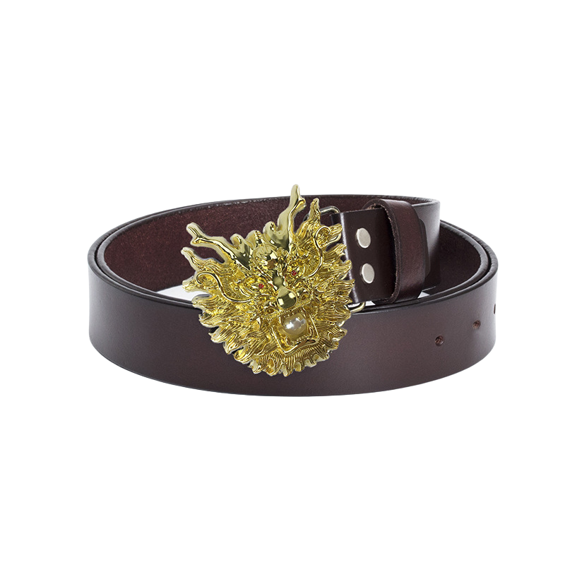 Ceinture Épine Noire 2 pour homme en cuir marron avec une boucle dorée en forme de tête de dragon ornée d'yeux rouges et d'une perle.