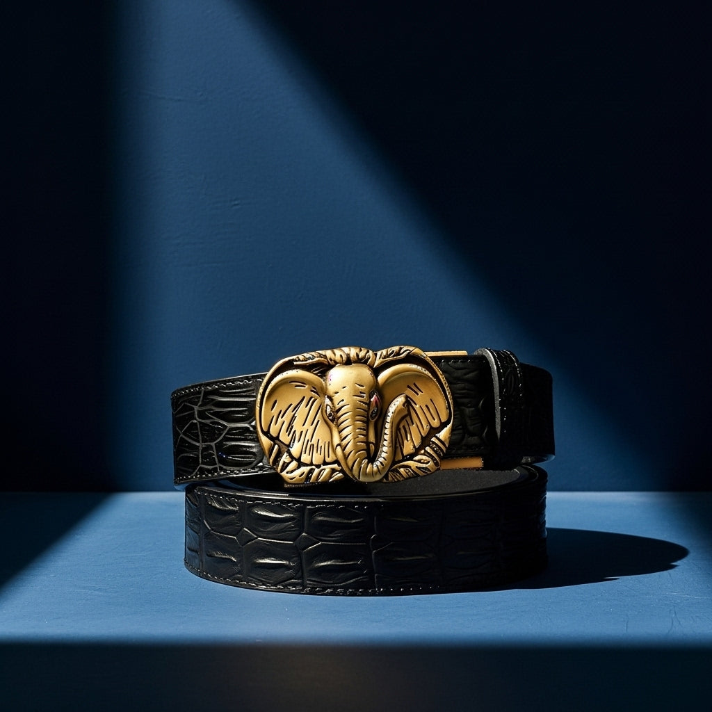 Ceinture homme Ernest en cuir noir avec texture crocodile embossée et boucle dorée en forme de tête d'éléphant avec yeux rouges. #fullwidth