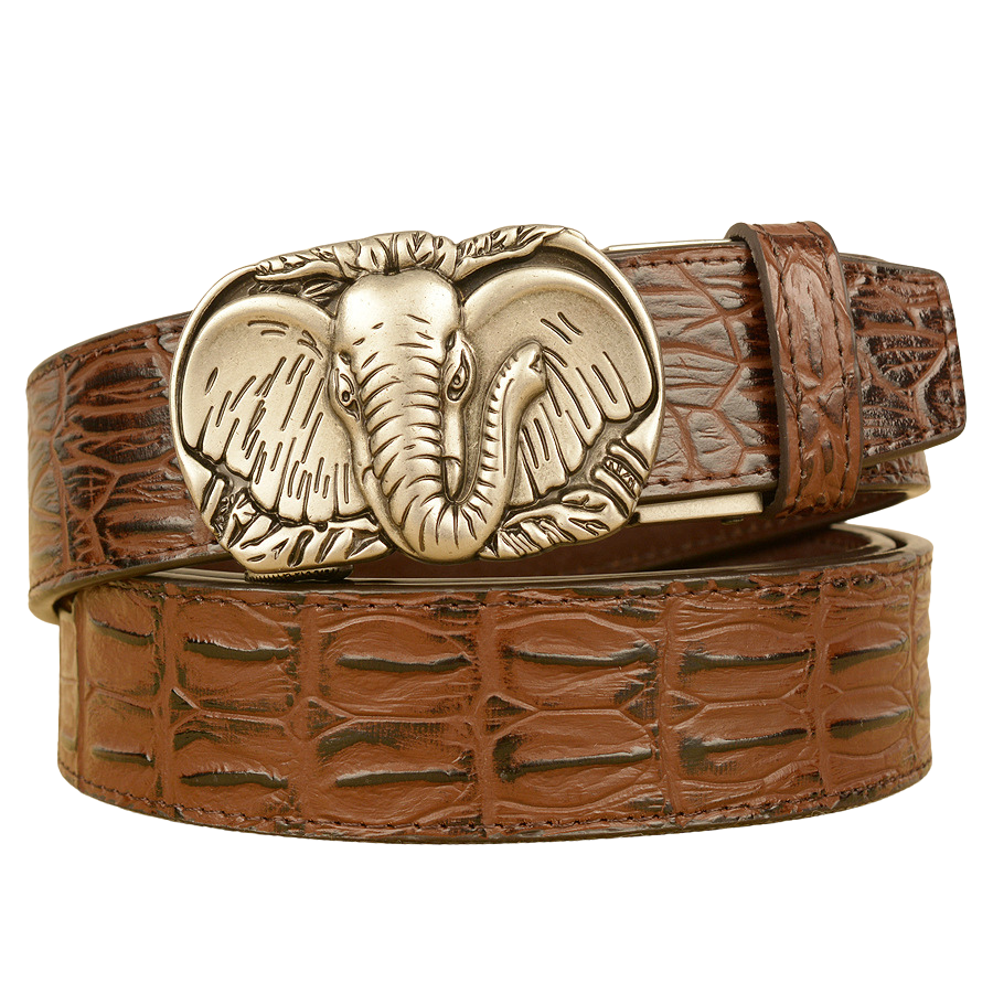 Ceinture homme Ernest en cuir marron avec texture crocodile et boucle argentée ornée d'une tête d'éléphant en relief.