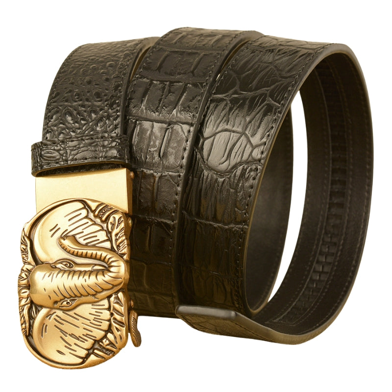 Ceinture homme Ernest noire en cuir de vachette avec texture crocodile embossée et boucle automatique dorée ornée d'une tête d'éléphant en relief.