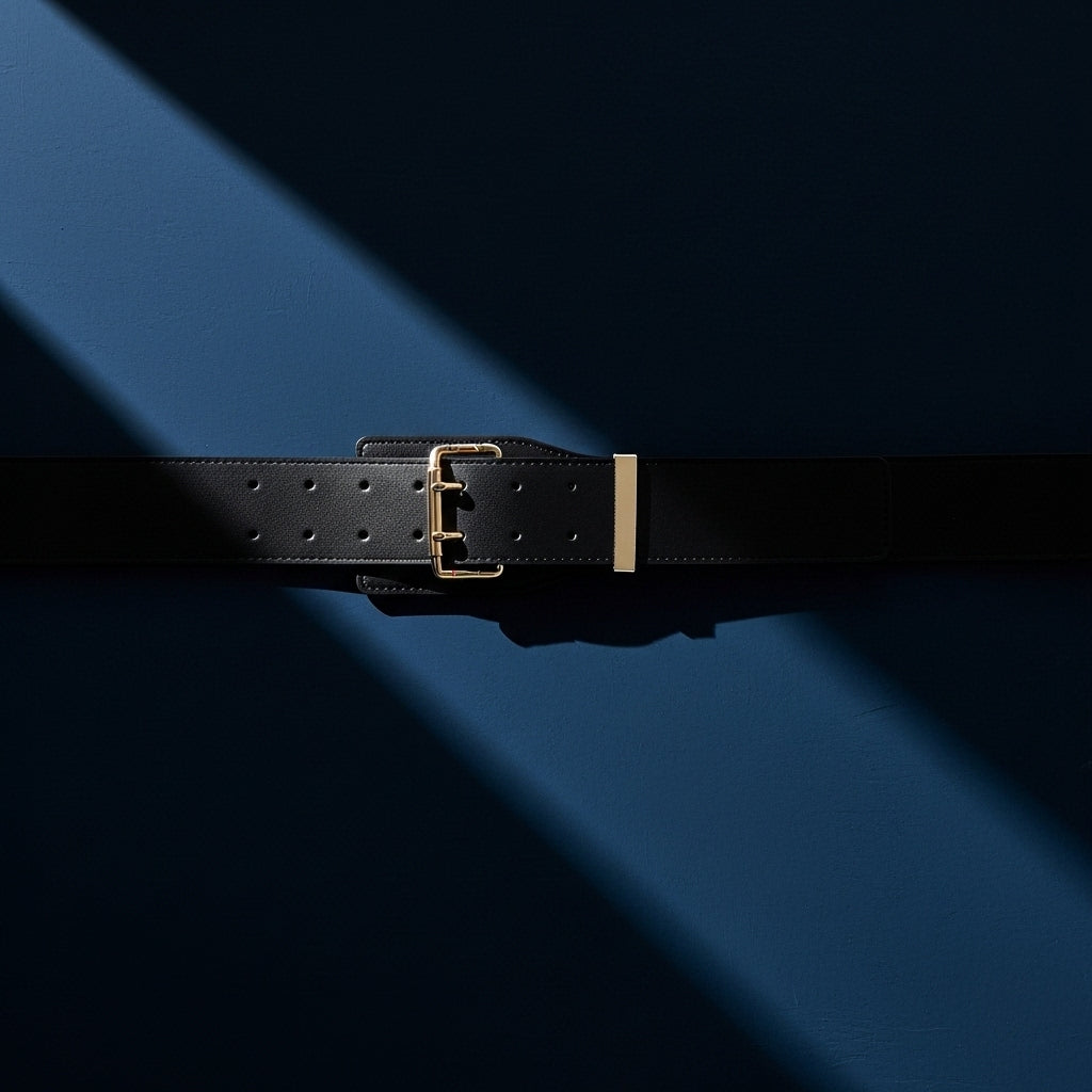 Ceinture femme Essence en cuir noir, avec boucle dorée rectangulaire et ardillon double. Largeur 6,5 cm, finition daim lisse. #fullwidth