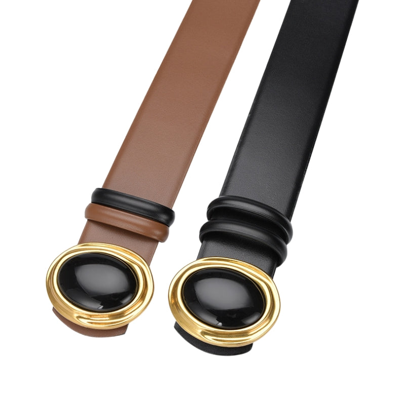 Ceinture Estelle marron et noire avec boucle ovale dorée ornée d'une pierre noire.