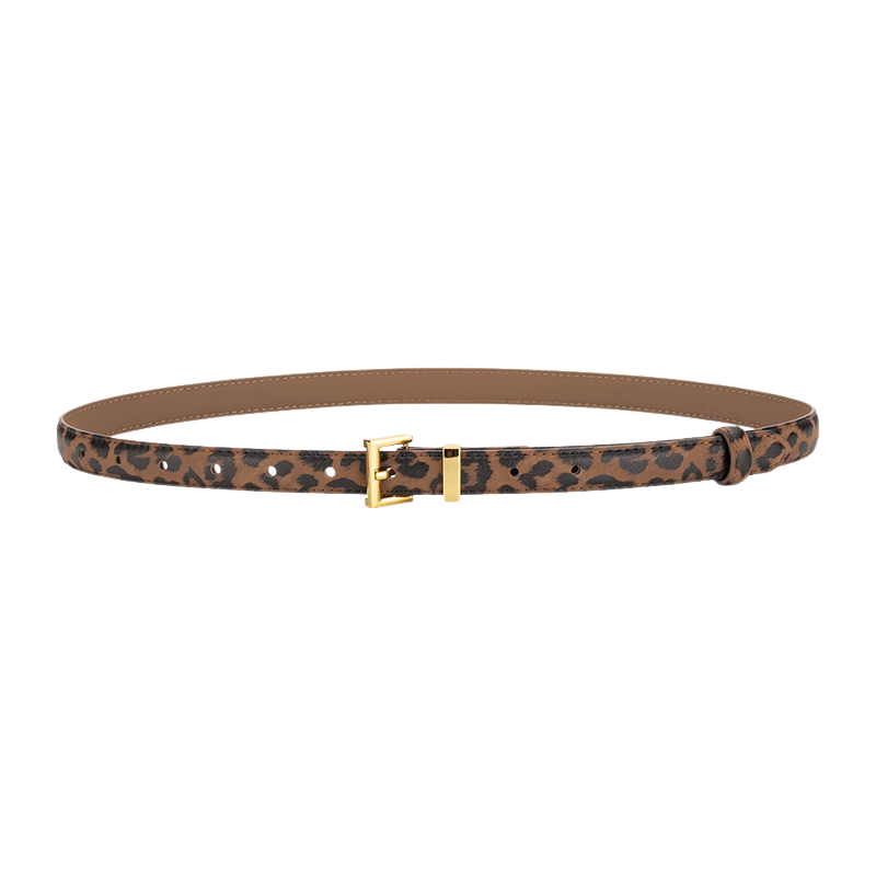 Ceinture fine femme Éternelle en cuir marron avec motif léopard et boucle dorée carrée
