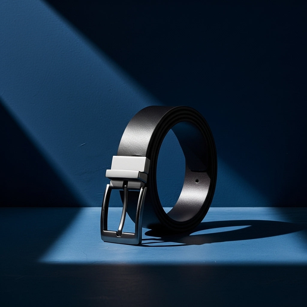 Ceinture réversible noire en cuir de vachette lisse, modèle Étienne, avec boucle ardillon rectangulaire en alliage argenté. #fullwidth