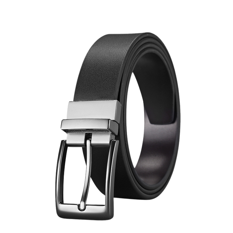 Ceinture Étienne homme en cuir de vachette noir avec boucle ardillon rectangulaire réversible argentée.