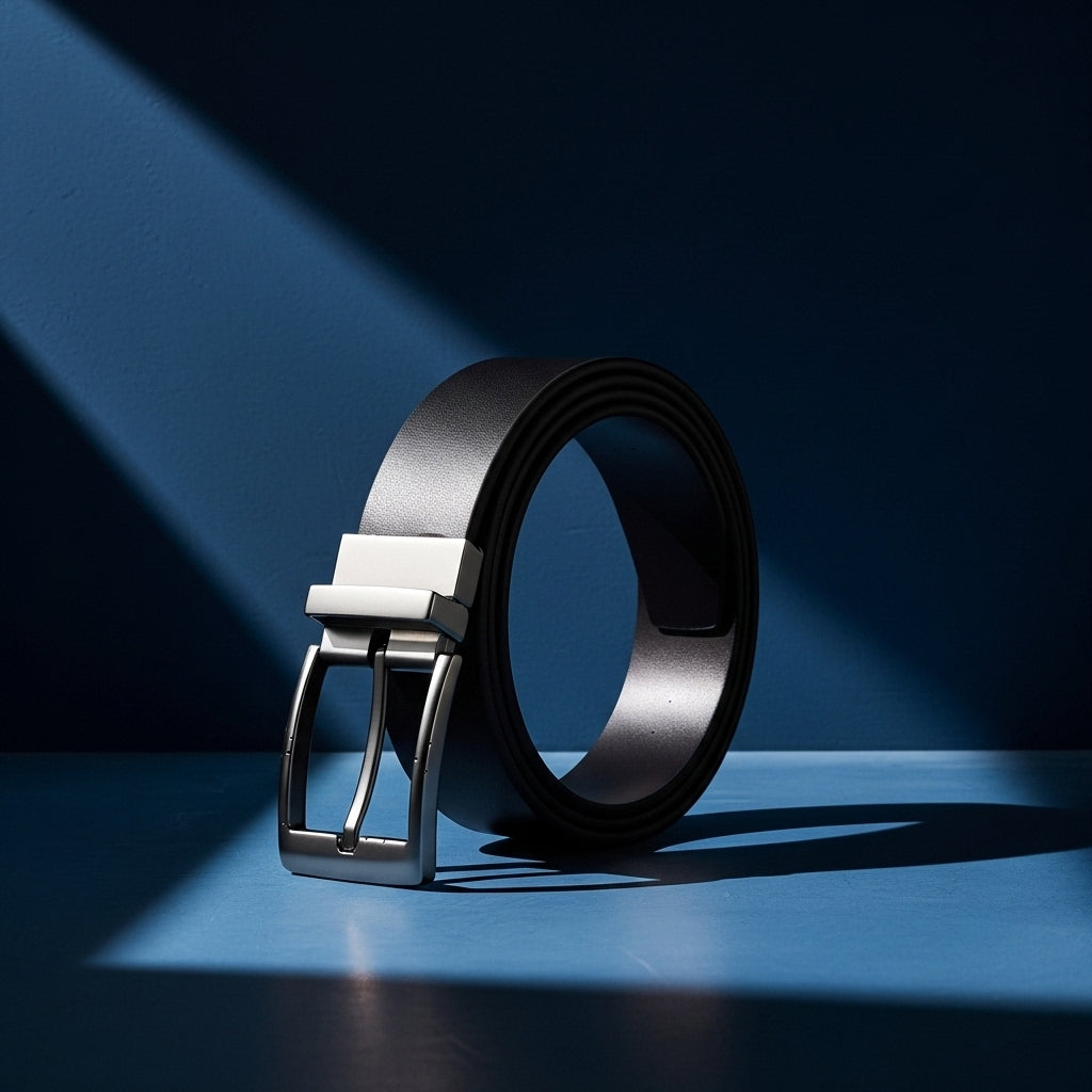 Ceinture Étienne noire en cuir de vachette lisse avec boucle ardillon rectangulaire argentée et système rotatif réversible #fullwidth