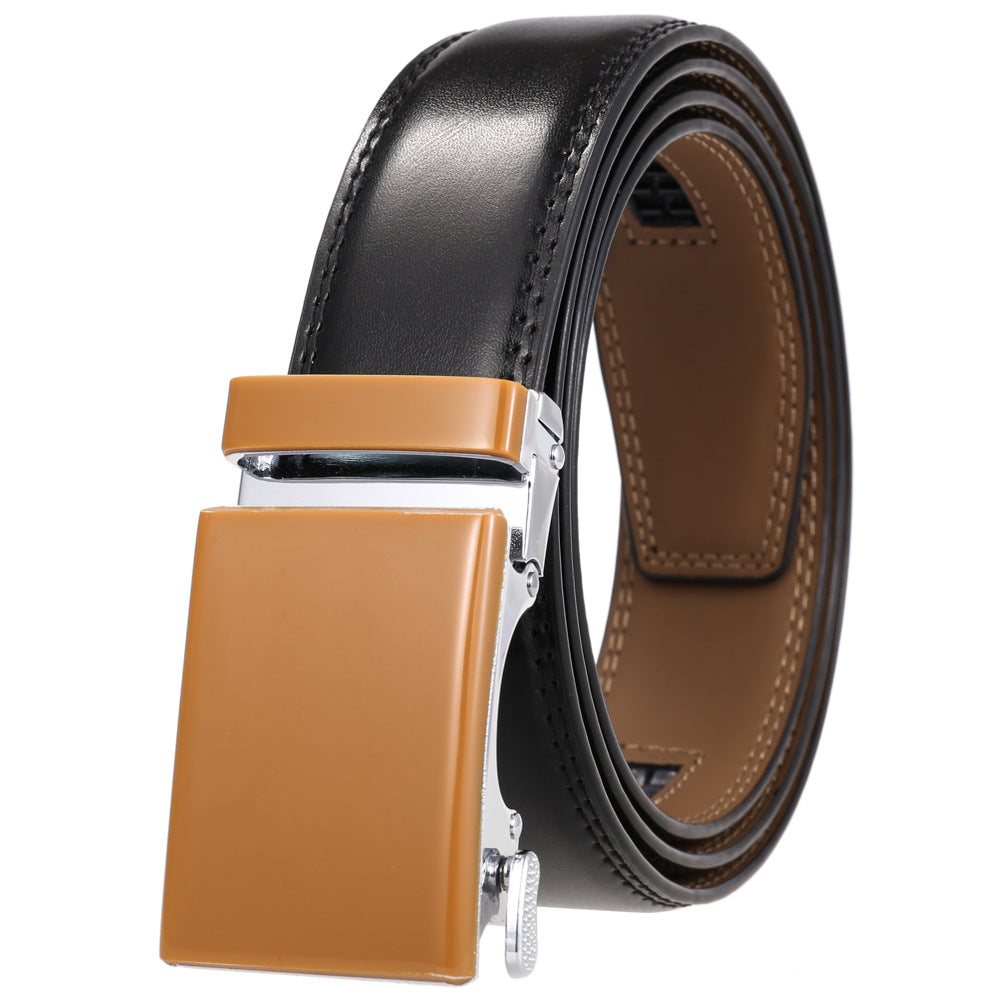 Ceinture homme Étoile 95 en cuir noir avec boucle automatique marron clair et détails chromés