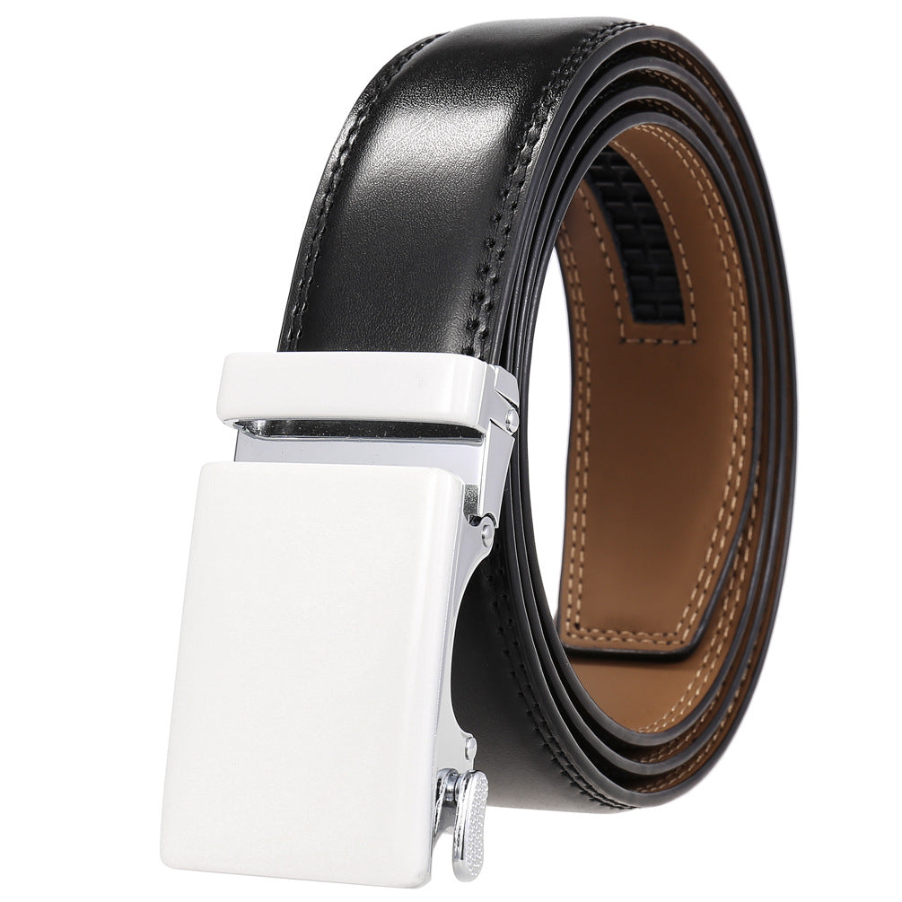 Ceinture homme Étoile 95 noire avec boucle automatique blanche et argentée mate, cuir refendu de vachette
