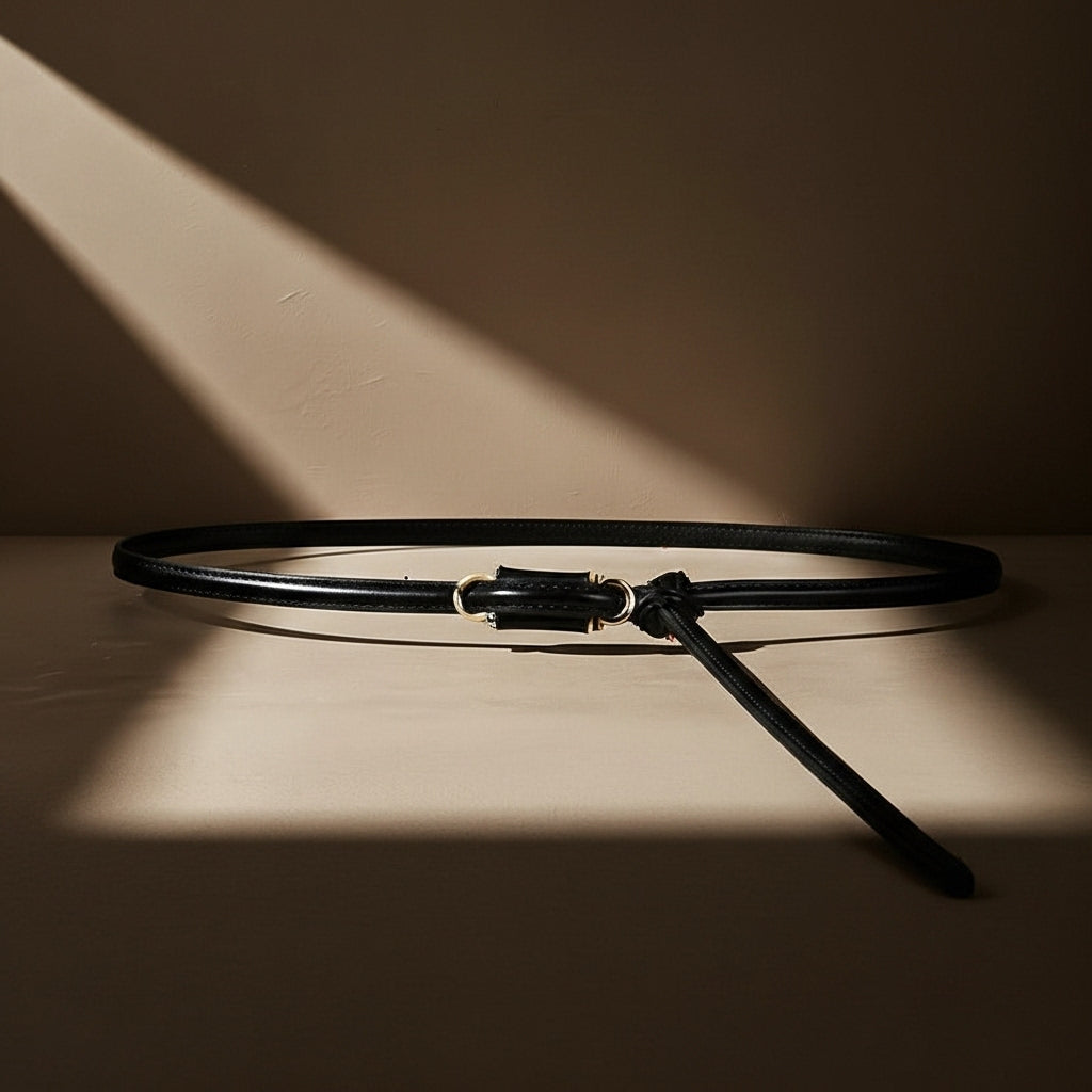 Ceinture fine Étoile en cuir noir avec une boucle dorée et un système de fermeture à nouer, idéale pour structurer une silhouette avec légèreté #fullwidth