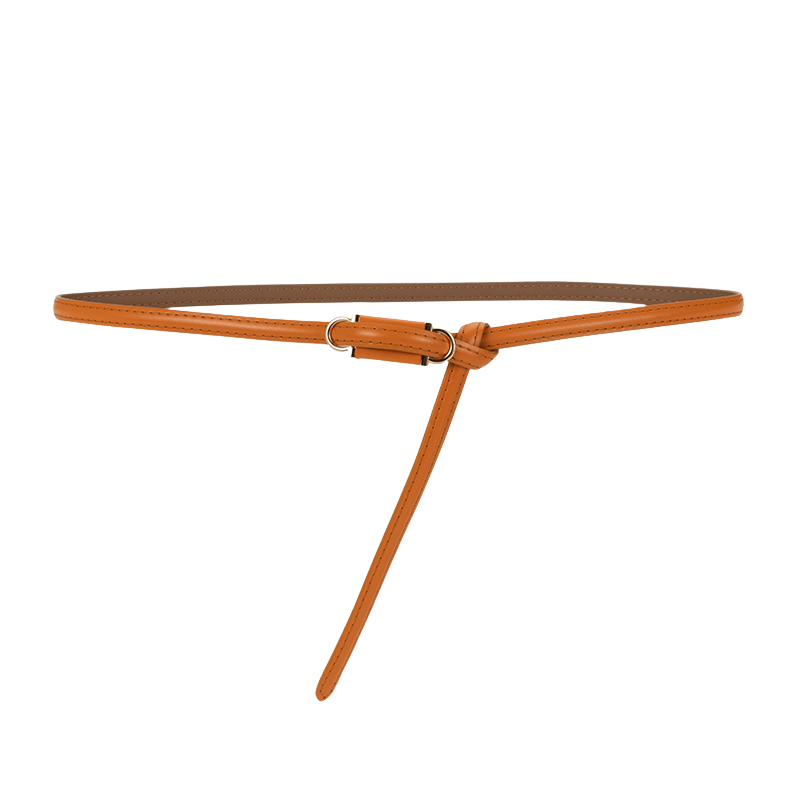 Ceinture fine femme Étoile en cuir refendu orange, design minimaliste à nouer sans boucle avec détails argentés.