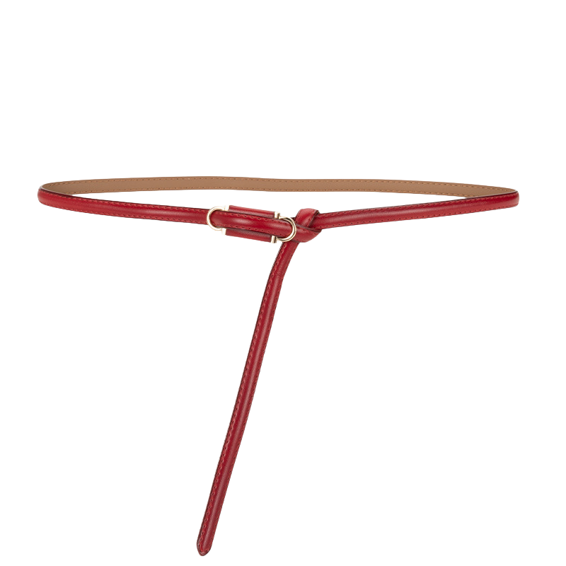Ceinture fine rouge Étoile en cuir refendu avec une boucle dorée et un design à nouer, idéle pour marquer la taille ou les hanches.