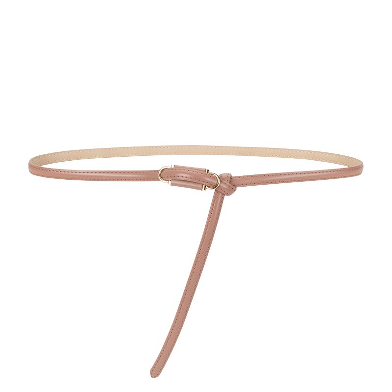 Ceinture fine Étoile rose clair en cuir refendu avec boucle dorée et système de nœud, 1 cm de large.