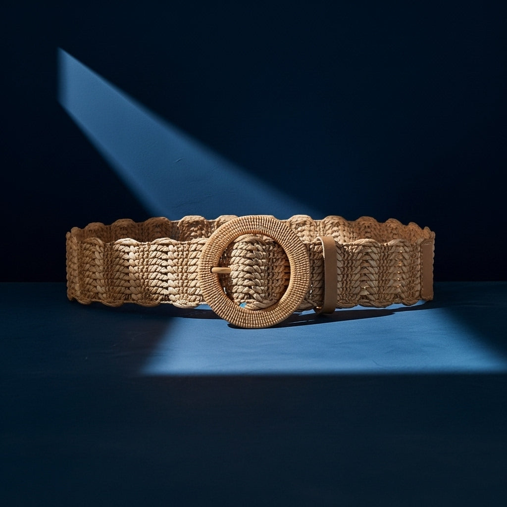 Ceinture Eulalie beige en paille tressée avec une boucle ronde décorative en plastique, texture ajourée, largeur 4 cm #fullwidth