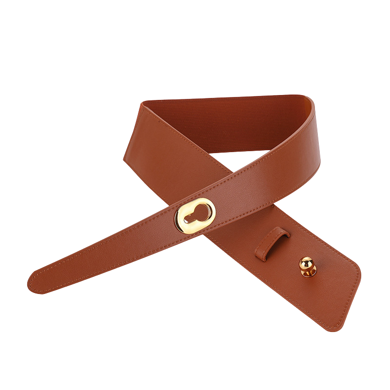 Ceinture Éva en cuir refendu marron camel, largeur 4 cm, avec boucle ovale dorée et bouton pression. Partie centrale élastique pour un ajustement confortable.