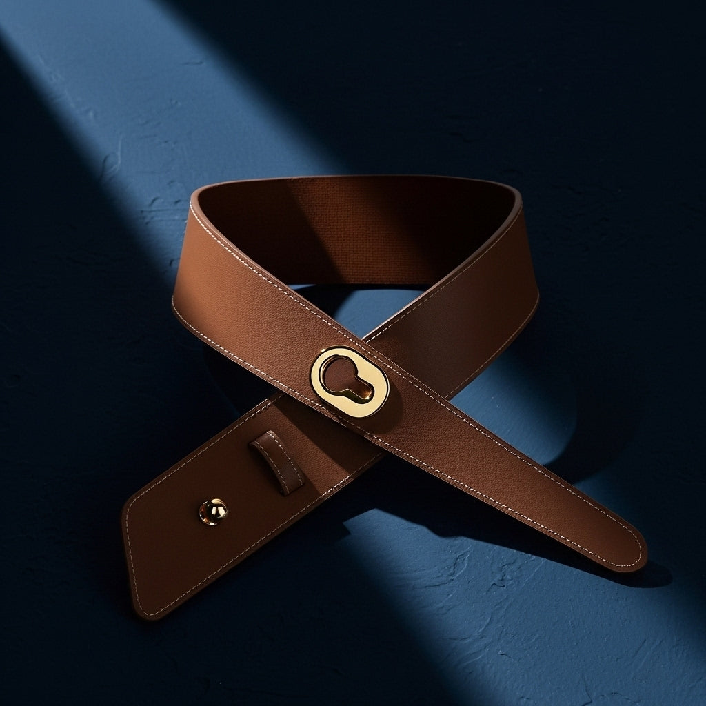 Ceinture Éva en cuir refendu marron avec boucle ovale dorée et partie élastique pour femme, sur fond bleu #fullwidth