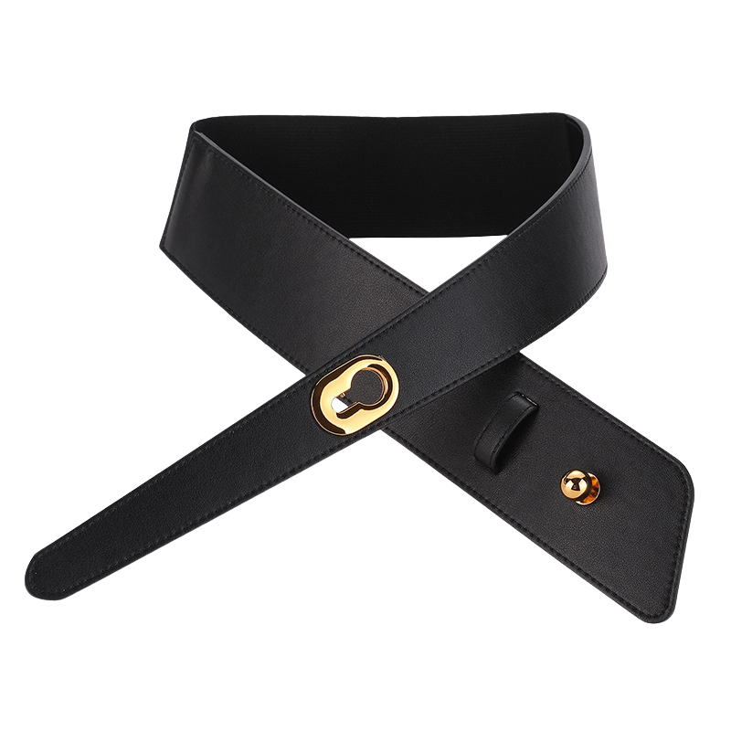 Ceinture Éva noire en cuir refendu avec boucle ovale dorée et bouton pression, largeur 4 cm