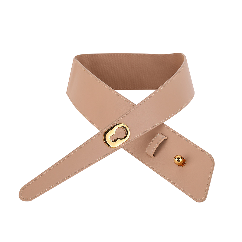 Ceinture femme Éva en cuir refendu beige, largeur 4 cm, avec boucle ovale dorée et bouton pression. Partie centrale élastique pour un ajustement confortable.