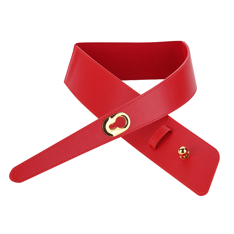 Ceinture Éva rouge en cuir refendu de vachette, large de 4 cm, avec partie centrale élastique et fermeture par crochet ovale doré et bouton pression.