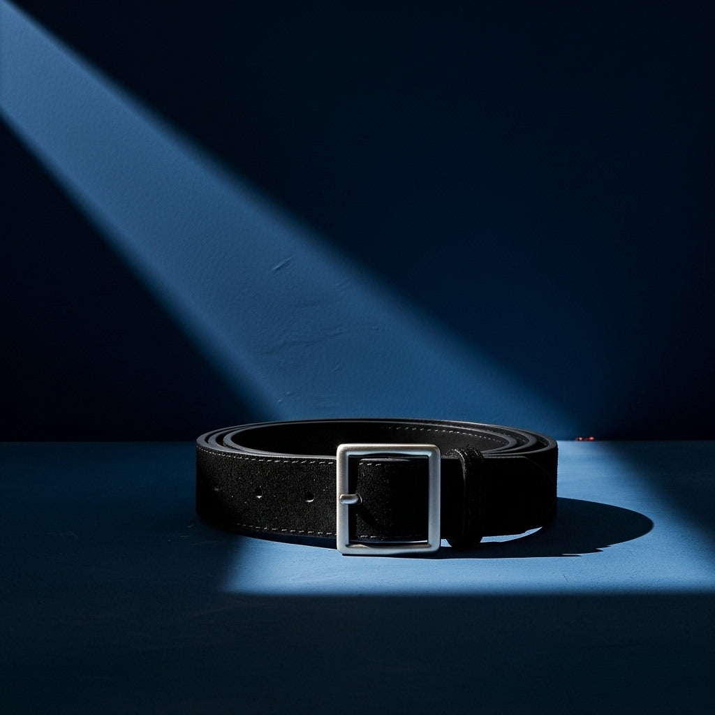 Ceinture Évangéline noire en cuir refendu effet daim, avec une boucle carrée argentée sobre et contemporaine. #fullwidth