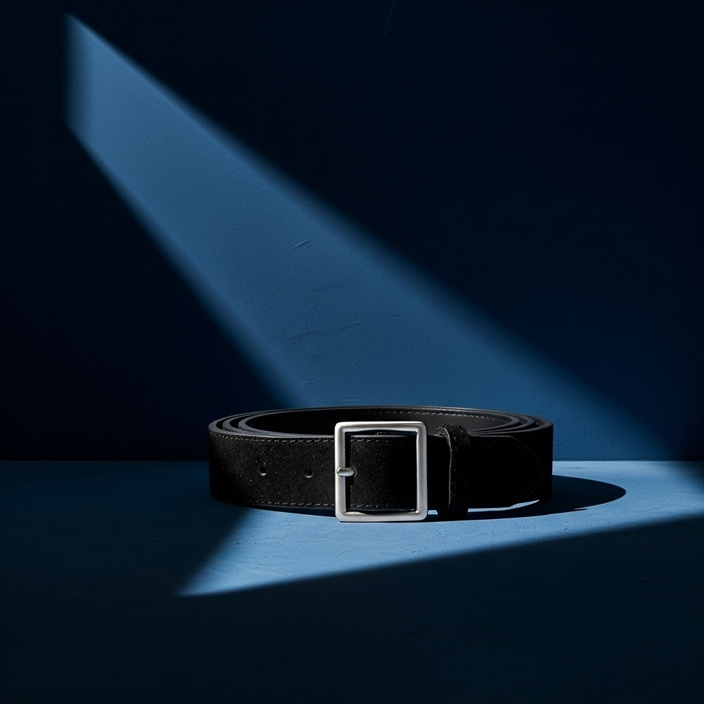 Ceinture Évangéline noire en cuir effet daim avec boucle carrée argentée sur fond bleu #fullwidth