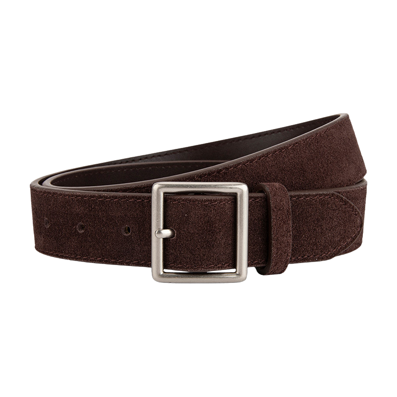 Ceinture Évangéline en cuir refendu marron effet daim, avec une boucle ardillon carrée argentée. Idéale pour un look décontracté chic.