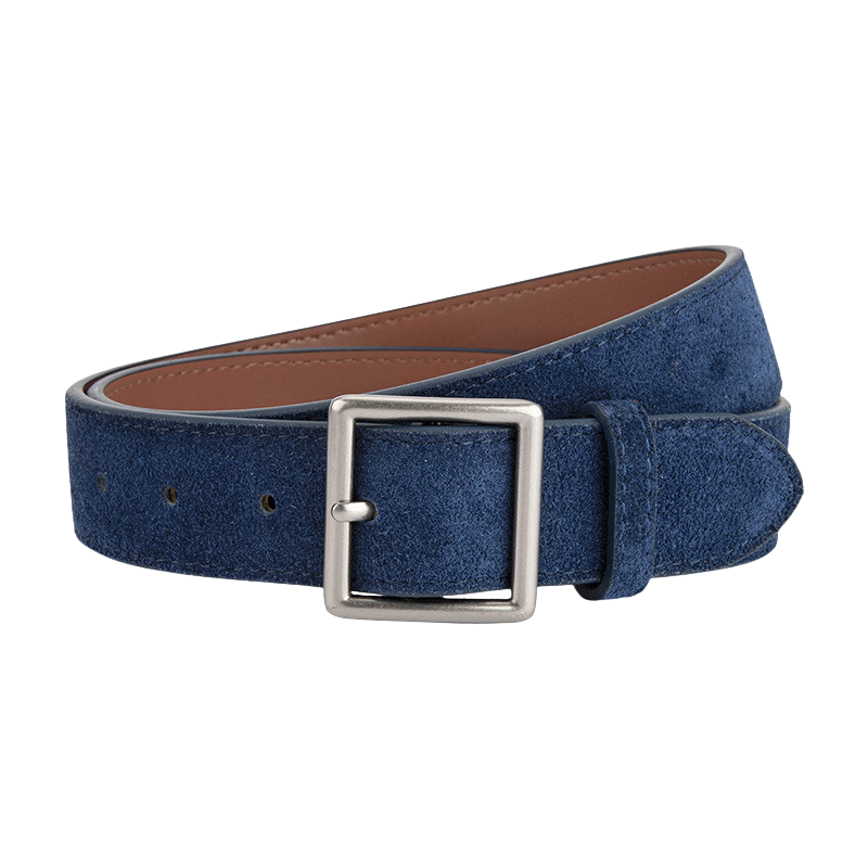 Ceinture Évangéline en cuir bleu effet daim avec une boucle carrée argentée