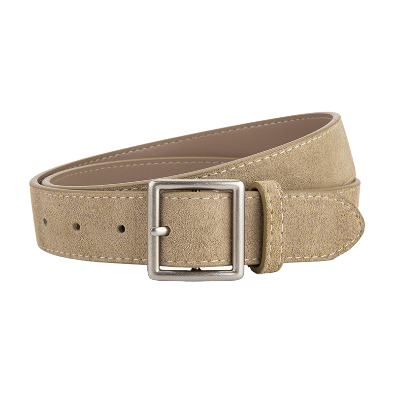 Ceinture Évangéline beige en cuir effet daim avec boucle carrée argentée