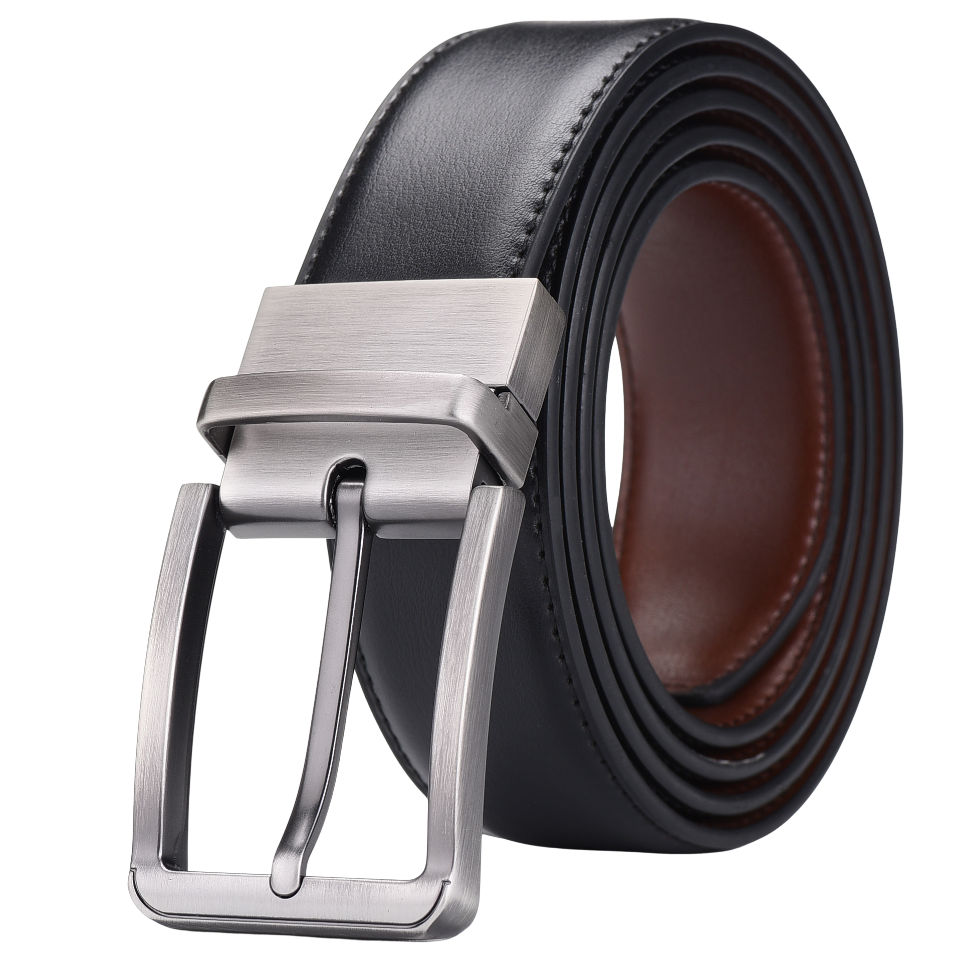 Ceinture Fabien noire en cuir de vachette avec boucle ardillon rectangulaire argentée et système réversible.