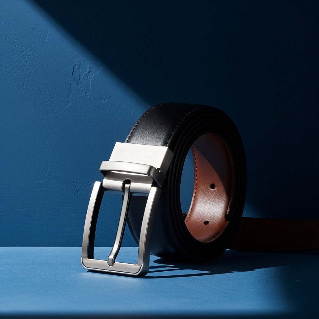 Ceinture Fabien homme en cuir lisse noir et marron, double face, avec boucle ardillon rectangulaire rotative en alliage argenté. L'arrière de la ceinture est visible, révélant sa doublure en cuir marron. Le fond bleu et le sol bleu sont visibles. #fullwidth