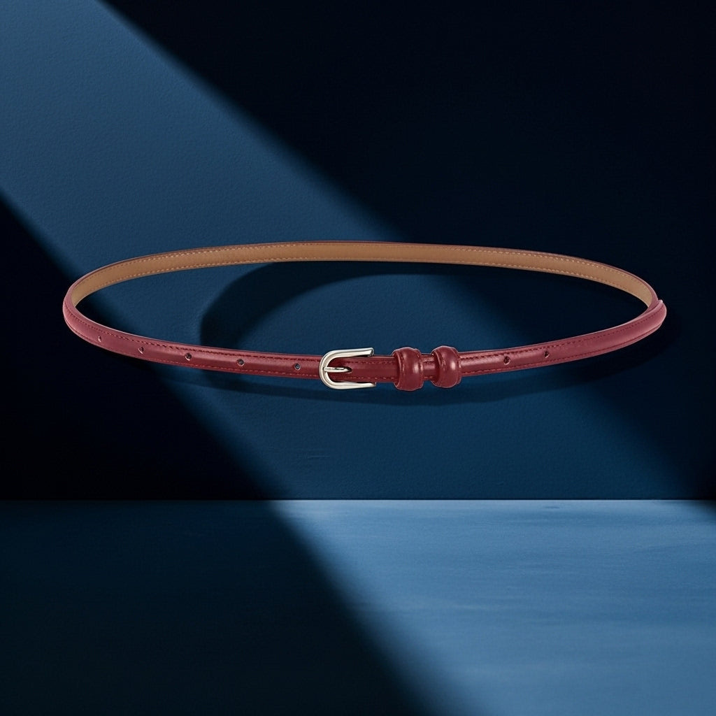 Ceinture fine Faustina en cuir lisse rouge bordeaux avec boucle argentée arrondie et finitions discrètes, sur fond bleu #fullwidth