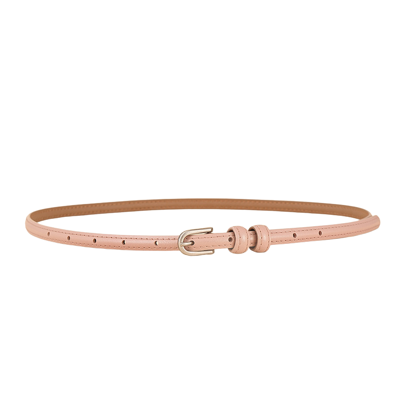 Ceinture fine Faustina en cuir rose pâle avec boucle dorée arrondie, idéale pour structurer subtilement les silhouettes.