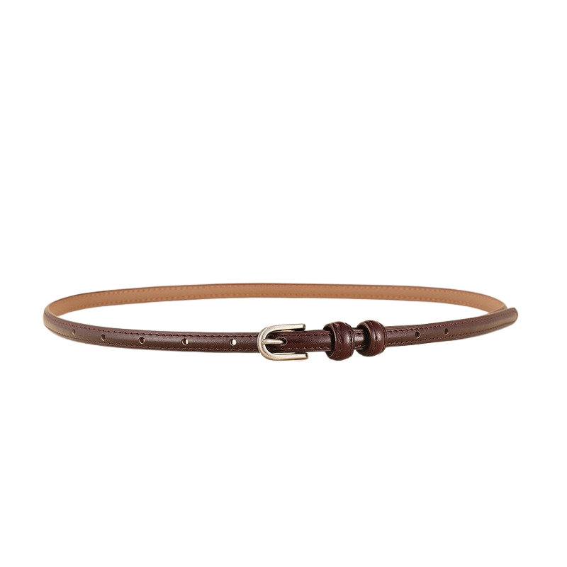 Ceinture fine Faustina en cuir marron foncé avec boucle dorée arrondie et double passant.