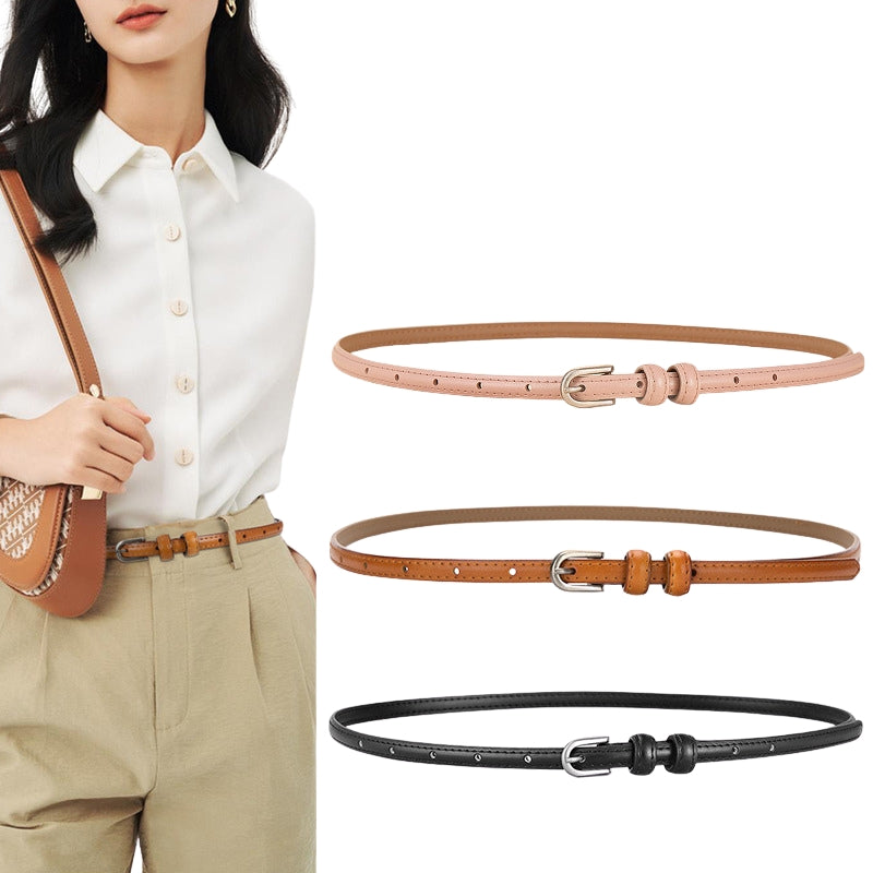 Ceinture fine Faustina en cuir de vachette refendu, disponible en rose poudré, marron clair et noir, avec boucle dorée discrète. Modèle féminin et polyvalent.