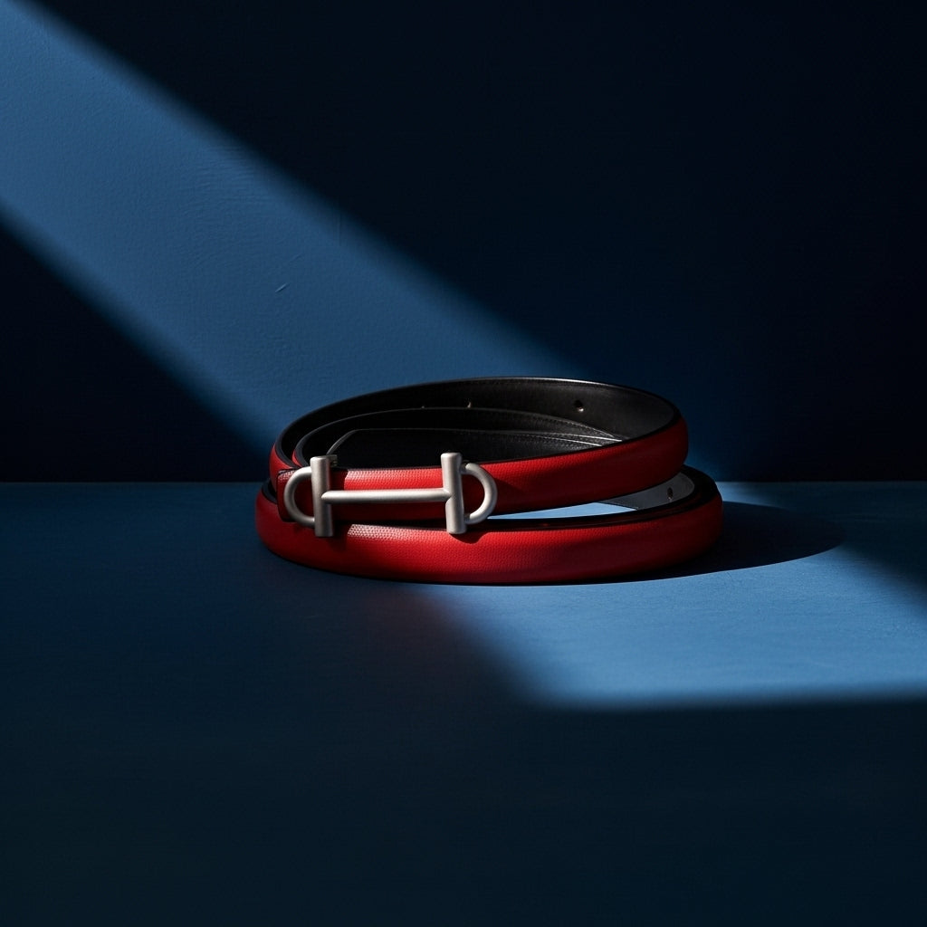 Ceinture fine rouge pour femme Féerie en cuir lisse avec boucle barre cavalière horizontale argentée. #fullwidth