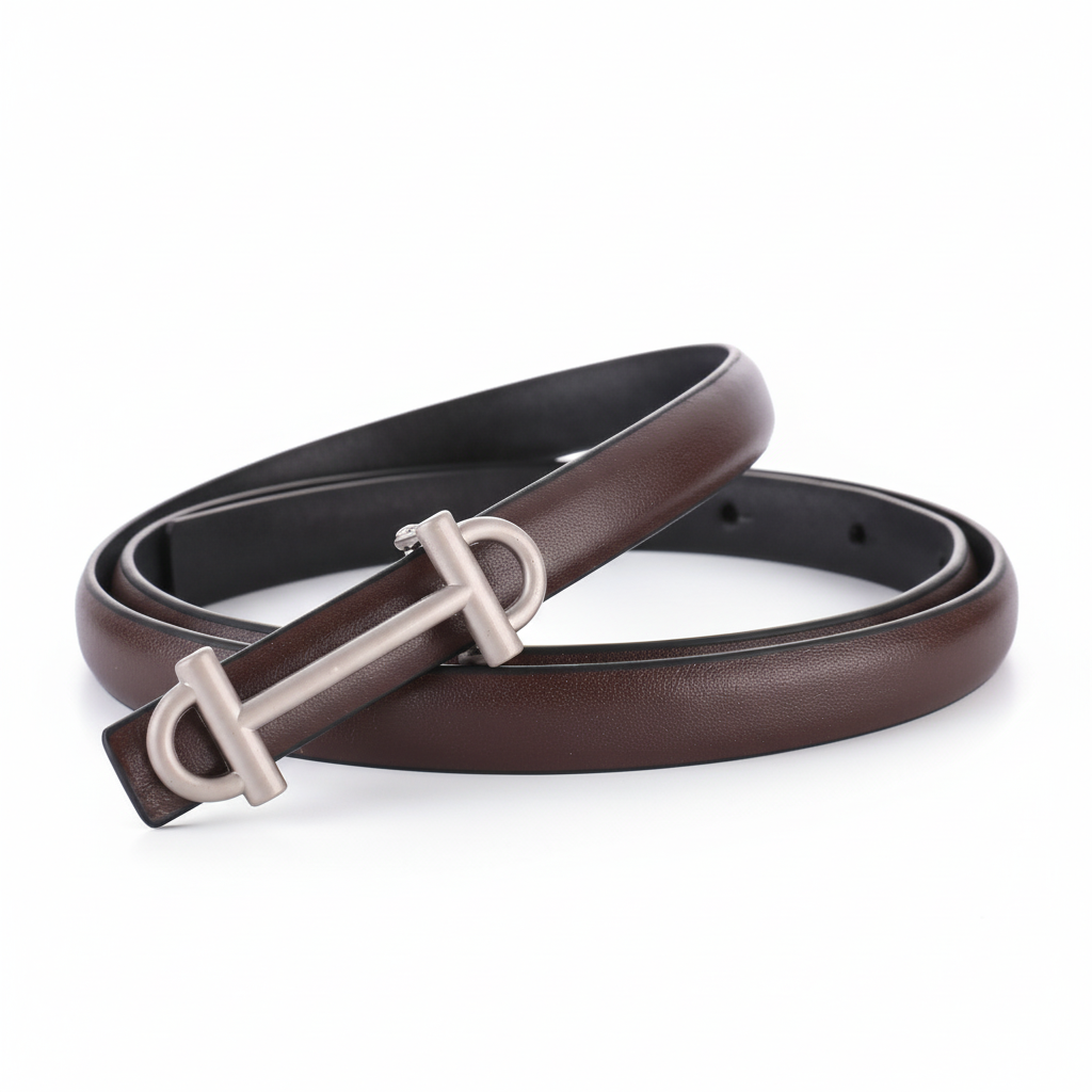 Ceinture fine Féerie en cuir marron avec boucle barre cavalière argentée lisse.