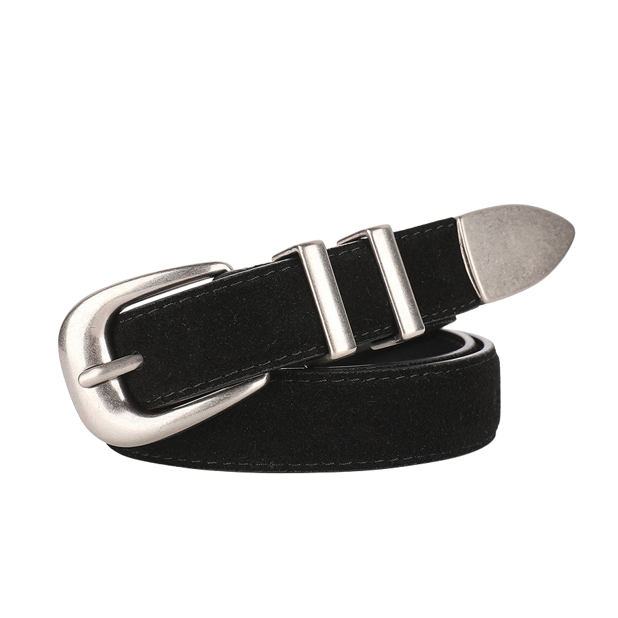 Ceinture Féerique noire en cuir suédé pour femme, avec boucle argentée vintage et deux passants métalliques.
