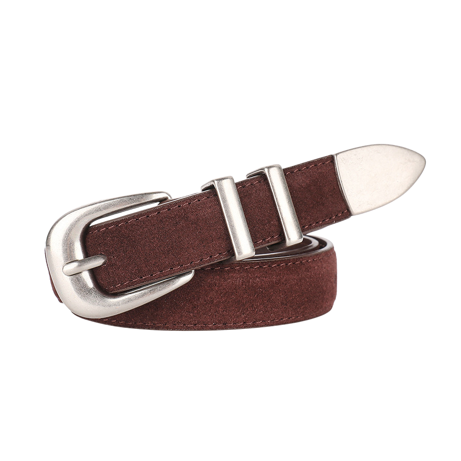 Ceinture pour femme Féerique en cuir suédé marron café avec boucle argentée vintage et passants métalliques.