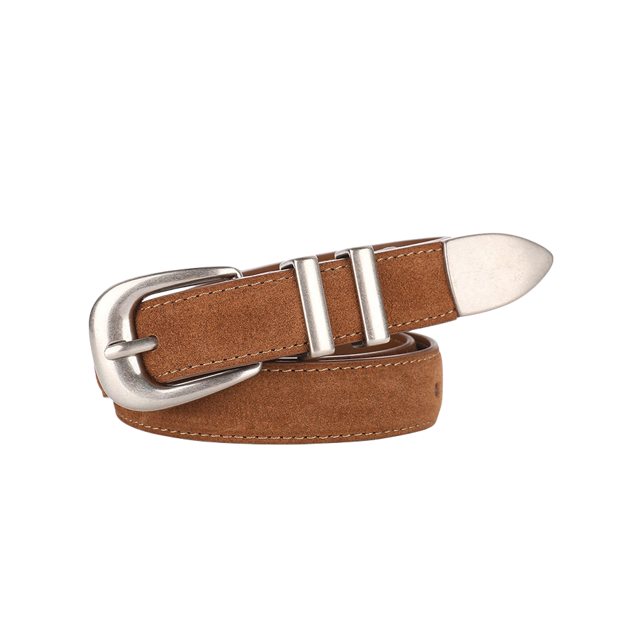 Ceinture fine en cuir suédé marron pour femme, modèle Féerique, avec boucle argentée vintage et double passant métallique.