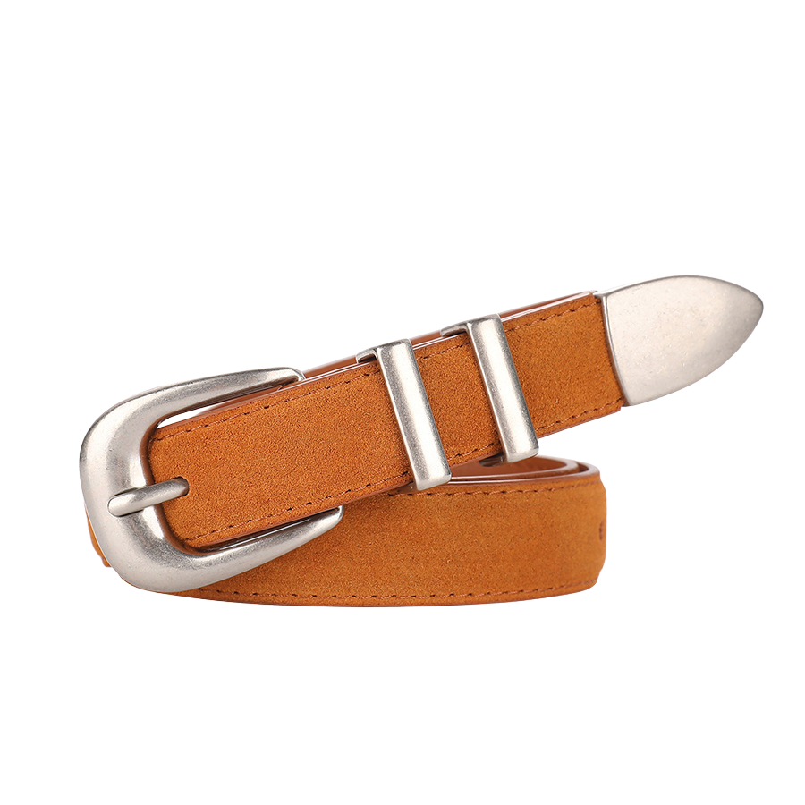 Ceinture femme Féerique en cuir suédé camel avec boucle argentée vintage et deux passants métalliques assortis