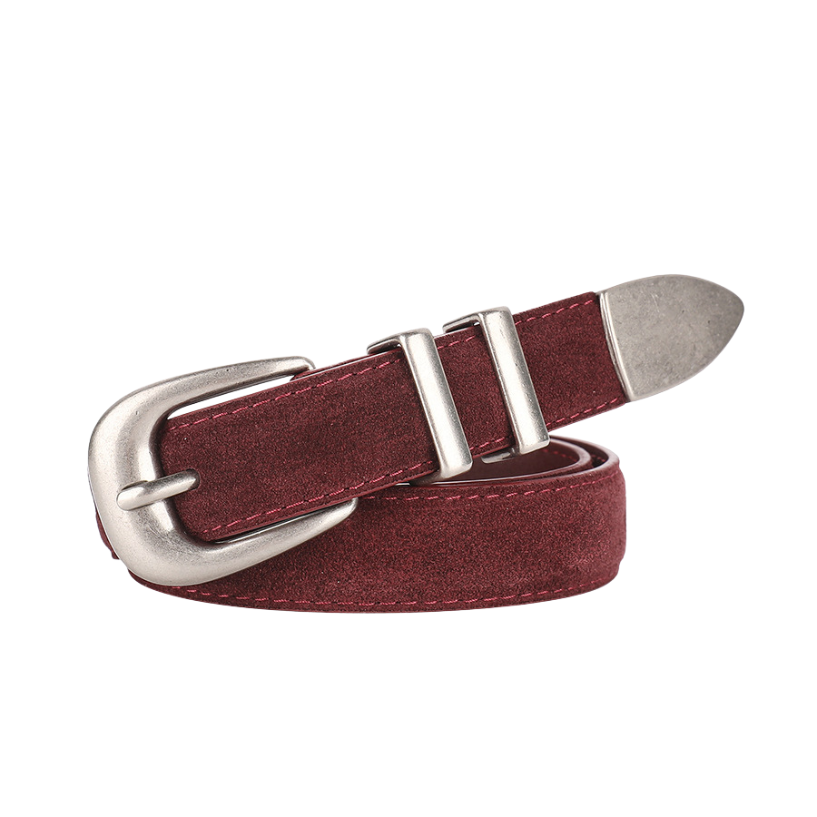 Ceinture pour femme Féerique en cuir suédé bordeaux avec boucle argentée vintage et passants métalliques.