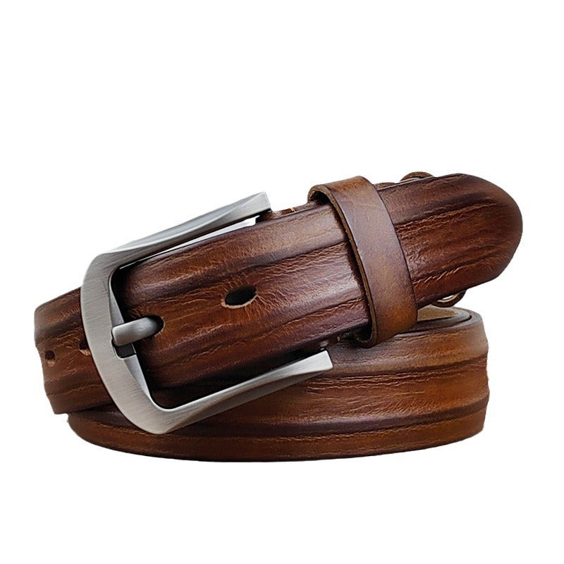 Ceinture homme Félix Tiss en cuir de vachette pleine fleur marron cognac, avec boucle ardillon argentée.
