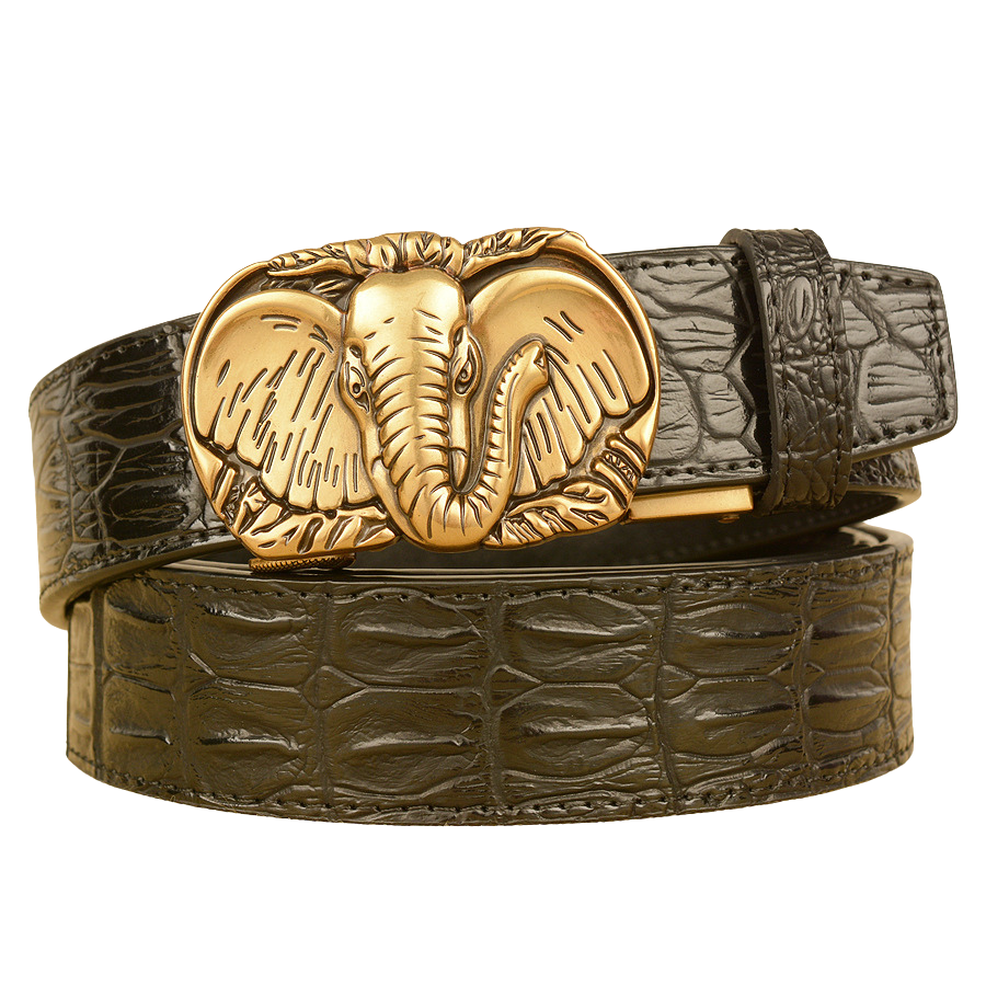 Ceinture homme Félixien en cuir noir avec boucle dorée ornée d'un éléphant et texture crocodile