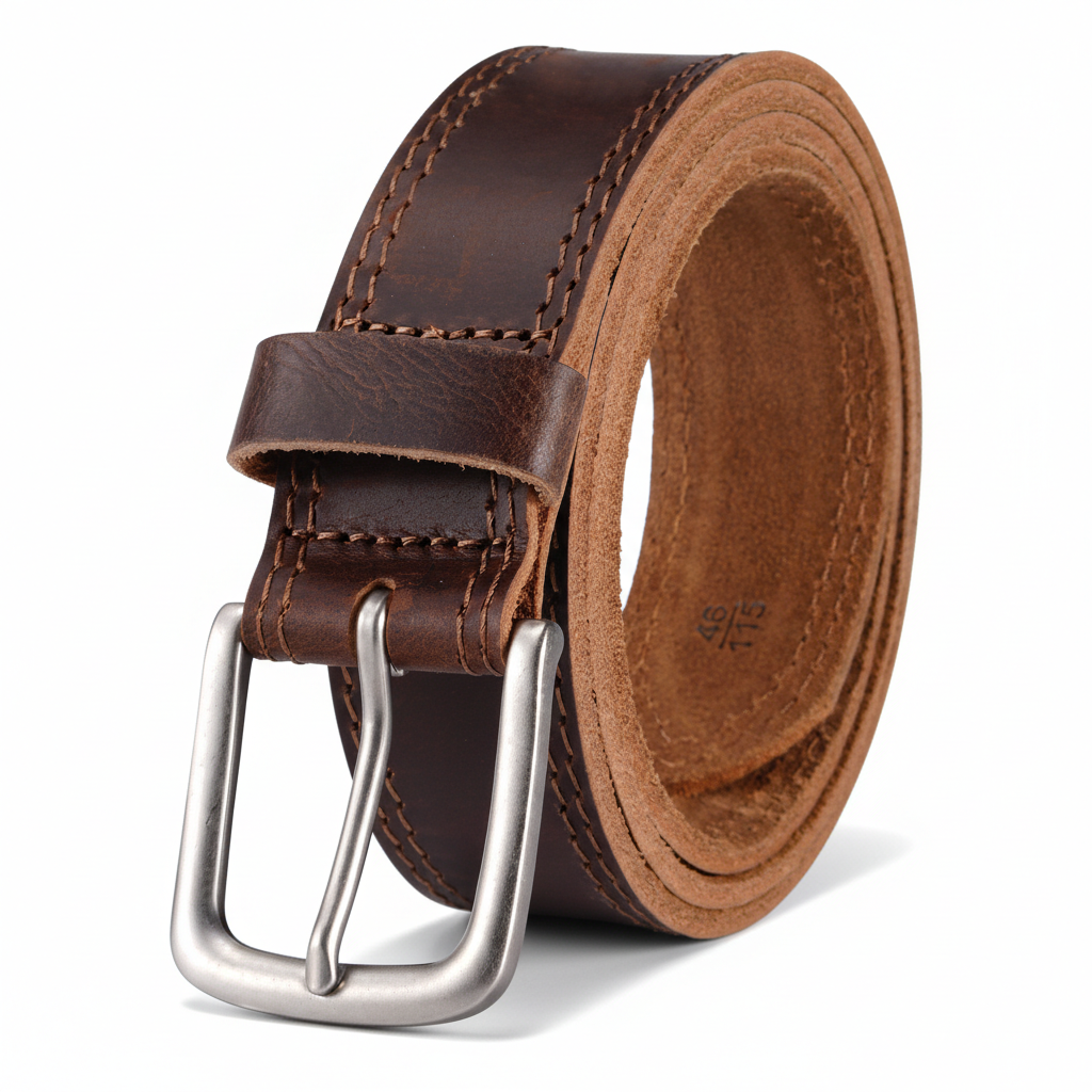 Ceinture Ferré Cuir 1 pour homme en cuir de vachette marron café, avec boucle ardillon argentée et coutures apparentes. #fullwidth